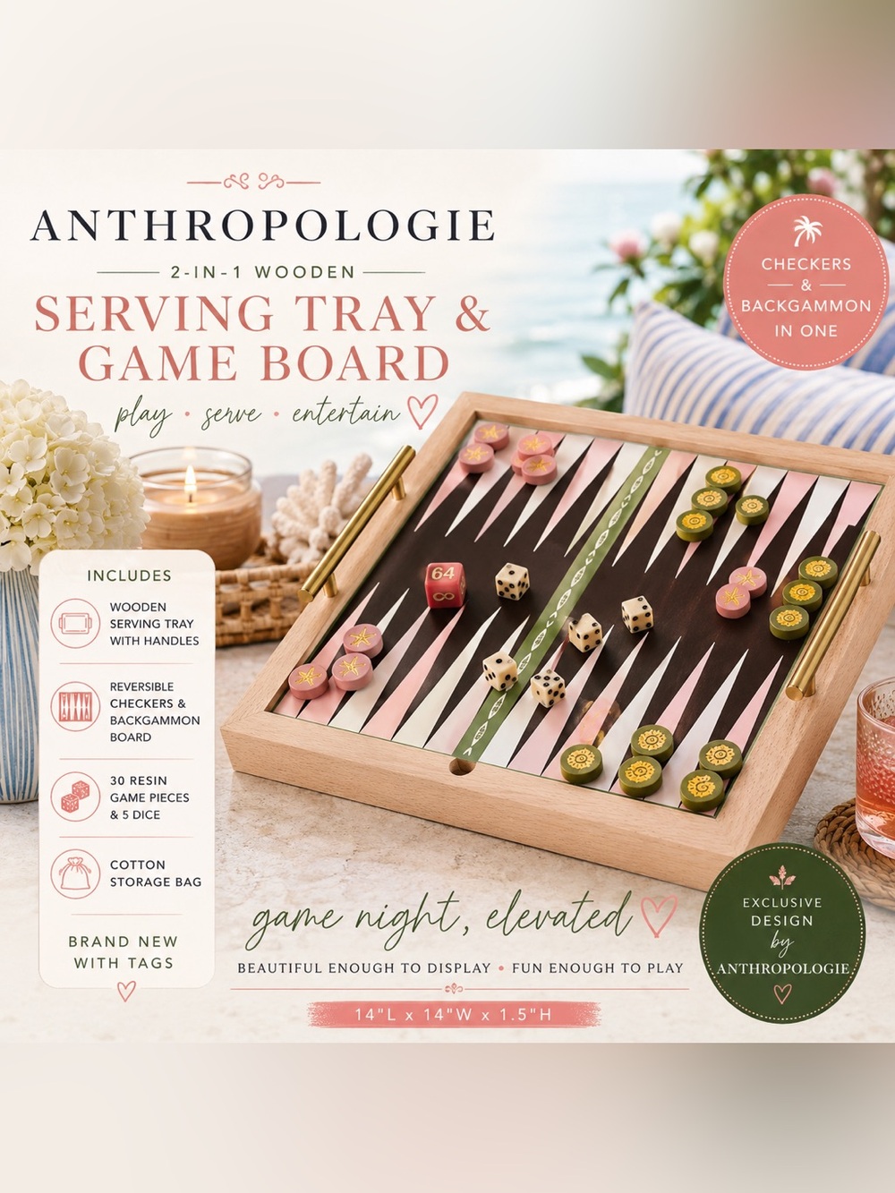NWT Anthropologie 2-in-1 Serving Tray Checkers Backgammon Game Coastal Decor
